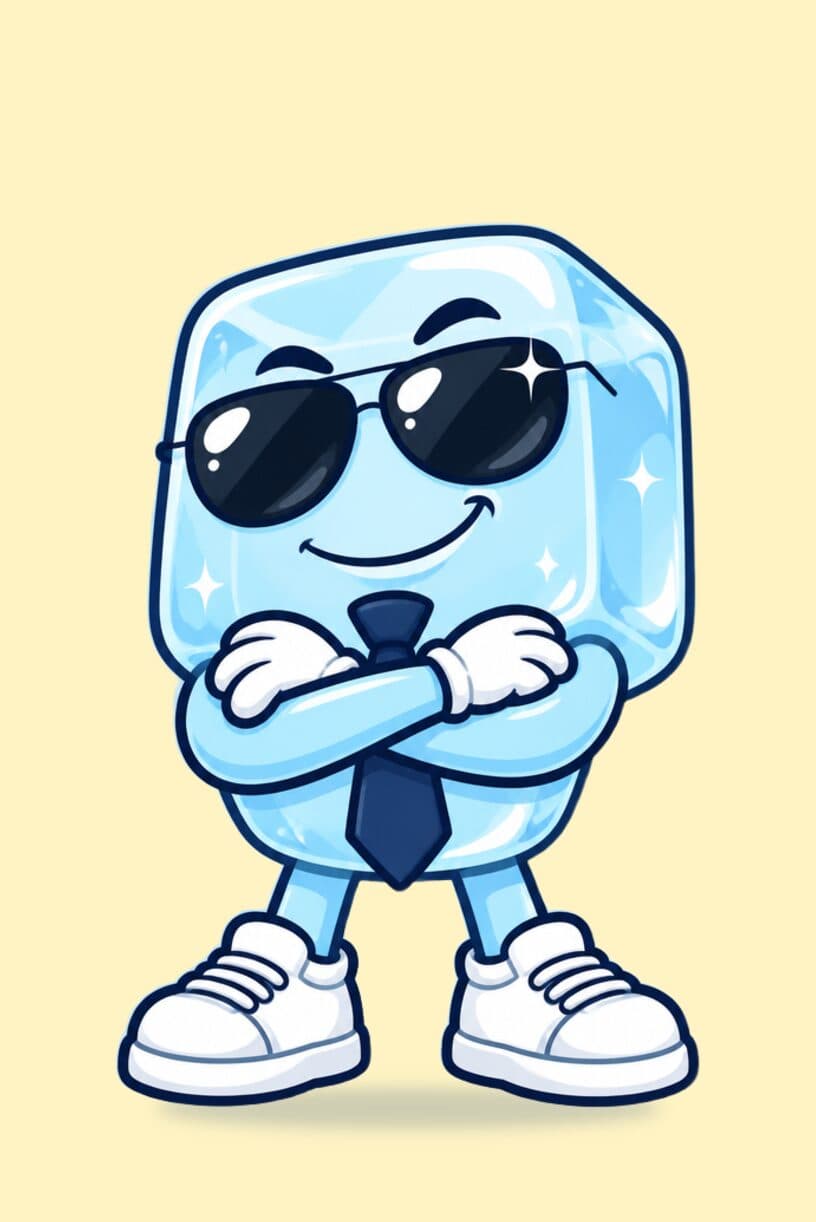 Ice Boss, a cartoon ice cube mascot in sunglasses and a navy necktie, stands with his arms crossed on a soft yellow background.