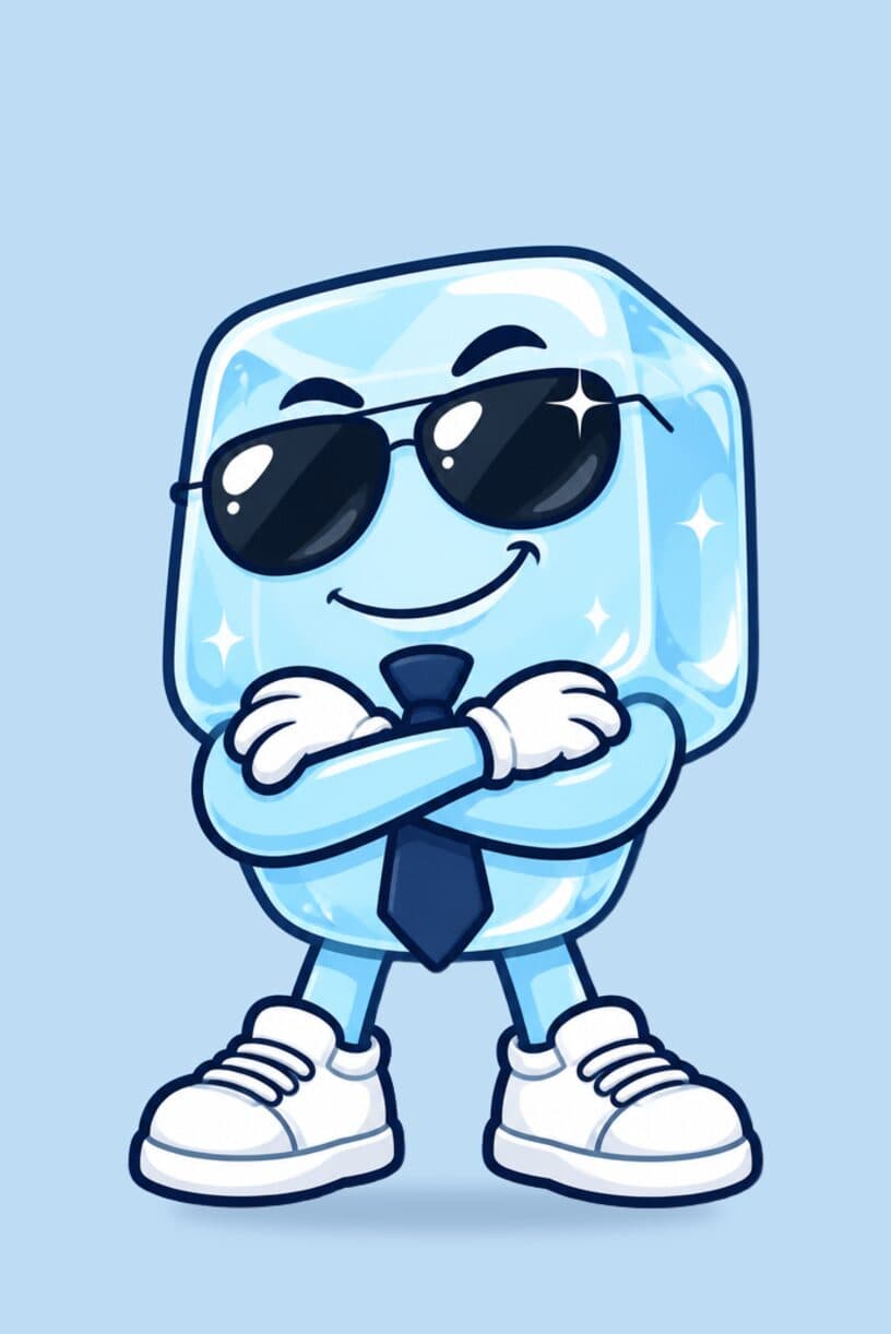 Ice Boss, a cartoon ice cube mascot in sunglasses and a navy necktie, stands with his arms crossed on a pale blue background.