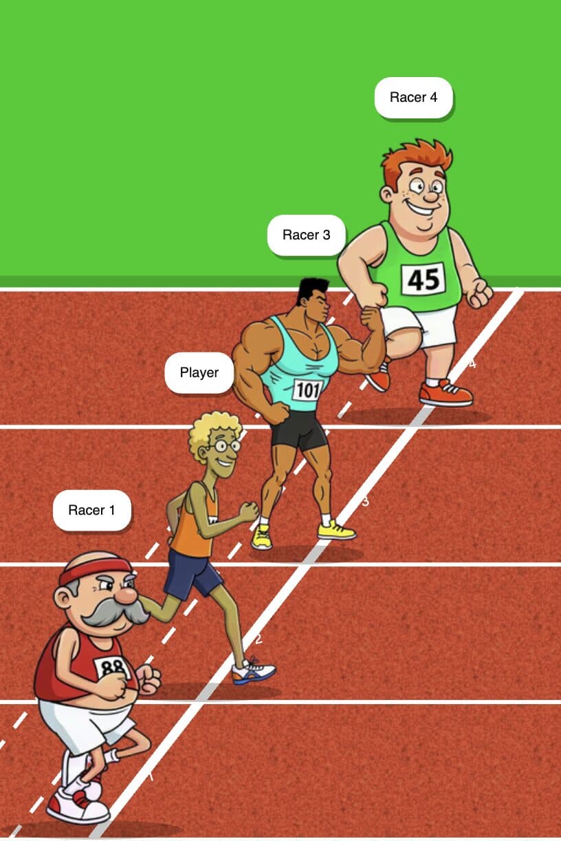 Four cartoon runners with name tags lined up on a red running track, ready for a race.