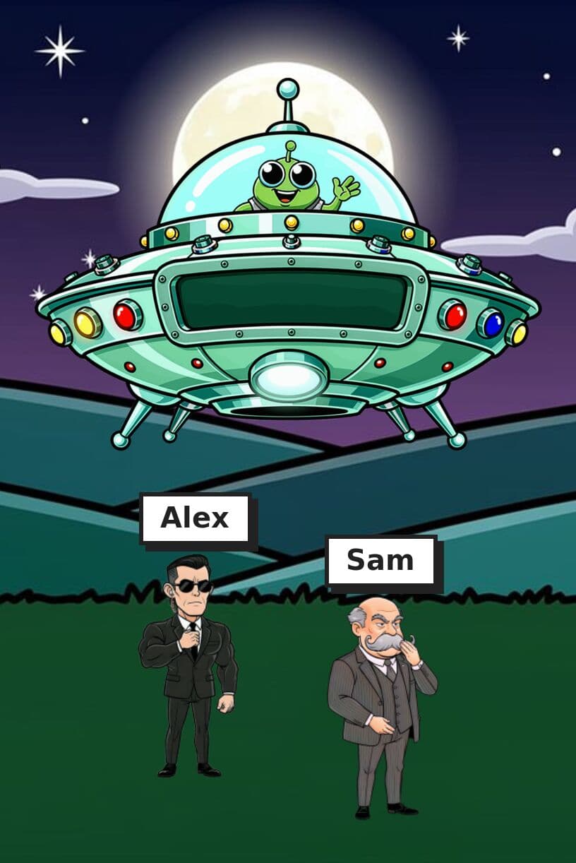A cartoon flying saucer with a waving green alien hovers over a night field where two suited characters stand on the grass.